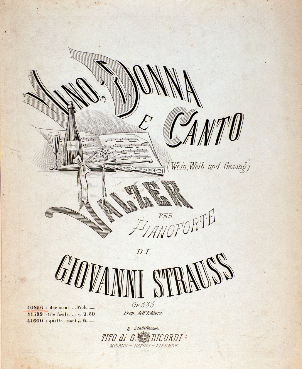 Frontispicio de la partitura musical de Vino, Mujeres y Canciones de Johann Strauss de Anonymous Anonymous