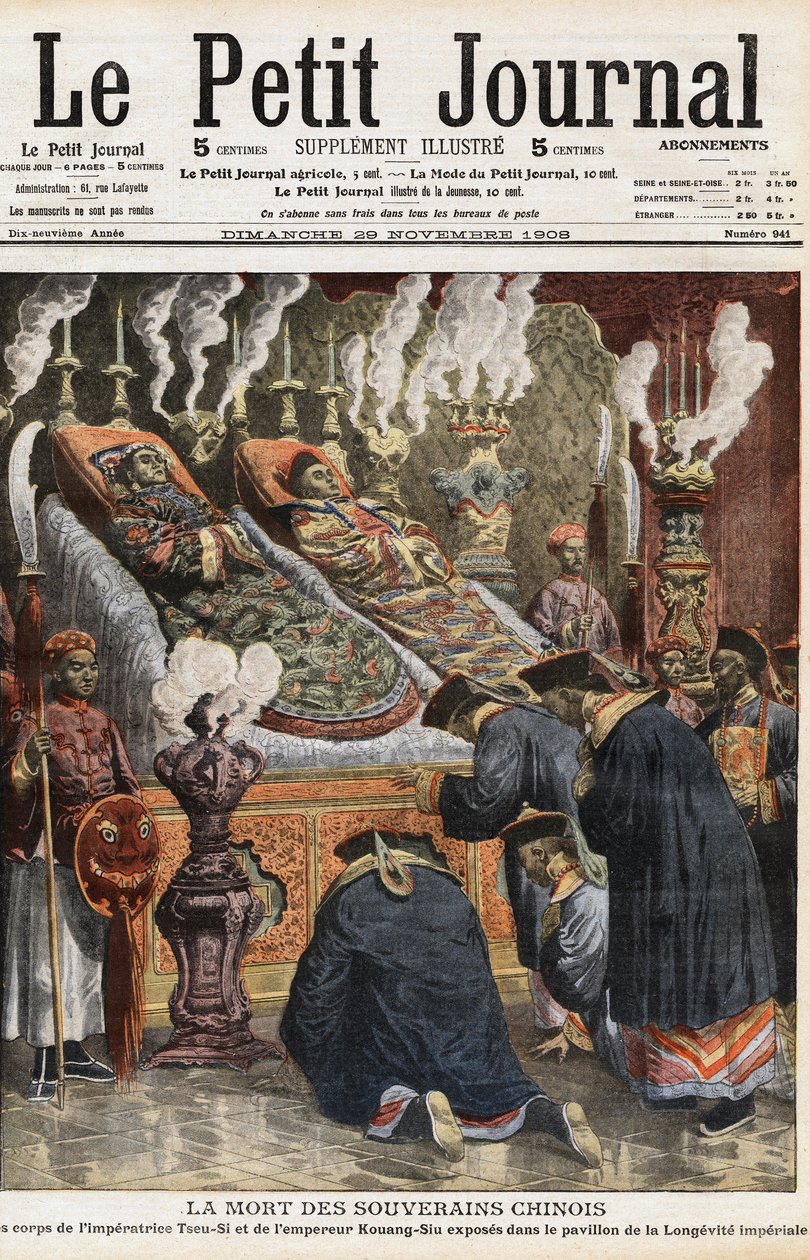 Funeral de gobernantes chinos: los cuerpos del Emperador de China Yehenara, la Emperatriz Xiao Ding Jing (1868-1913) y el Emperador Guangxu o Kuang-Siu (Kouang Siu), Emperador de China de la Dinastía Qing (1872-1908) exhibidos en el pabellón de la longevid de Anonymous Anonymous