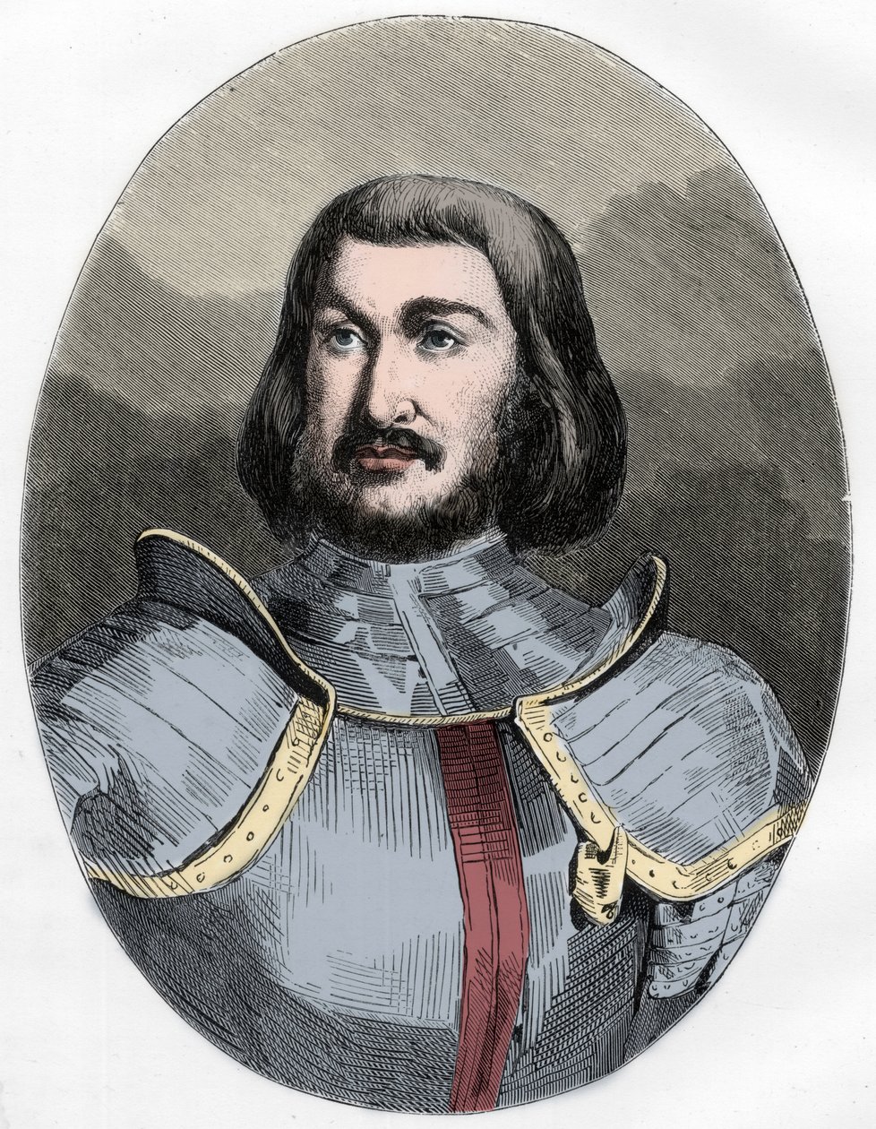 Gilles de Laval, Señor de Rais (1404-1440) - Retrato de Gilles de Rais (Retz o Rays) (1404-1440), compañero de armas de Juana de Arco - Grabado de 1863 en “The Red Book - Histoire De L