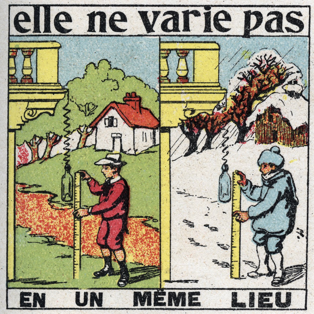 Granulidad: no varía en un lugar. Un niño midiendo la gravedad con un resorte en el mismo lugar en verano e invierno. Ilustración anónima de 1925. Colección privada. de Anonymous Anonymous