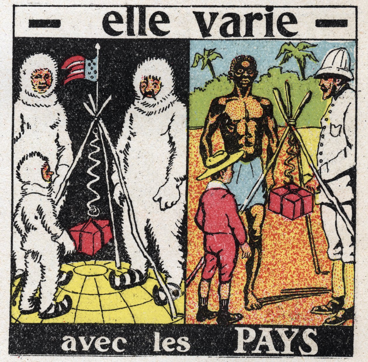 Gravedad: varía con los países. Midiendo la gravedad con un resorte en el polo y luego en Ecuador. Ilustración anónima de 1925. Colección privada. de Anonymous Anonymous