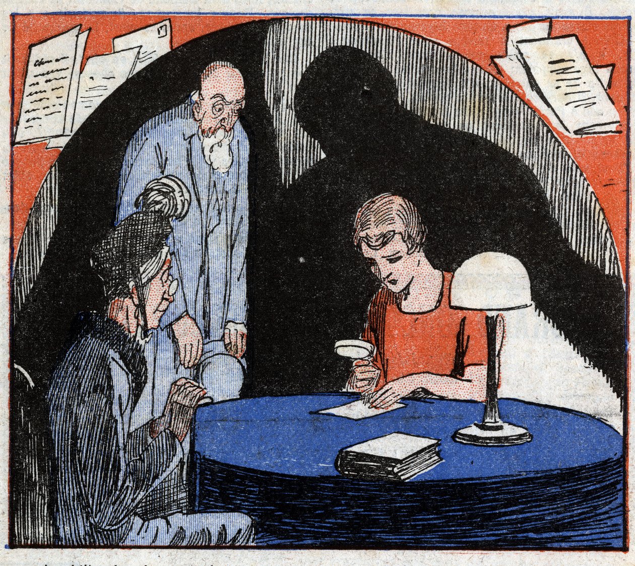Grafología: un grafólogo, consultado por una pareja de ancianos, lee con una lupa la escritura manuscrita de un individuo para deducir características psicológicas. Grabado en 