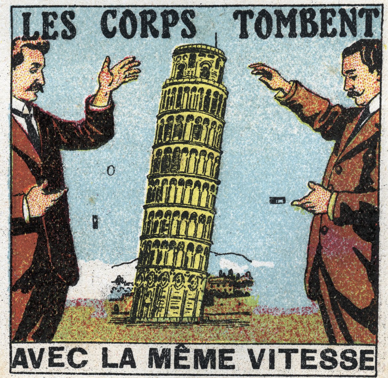 Gravedad: los cuerpos caen con la misma velocidad. Uso de la Torre de Pisa para ilustrar las leyes de la caída de los cuerpos. Ilustración anónima de 1925. Colección privada. de Anonymous Anonymous