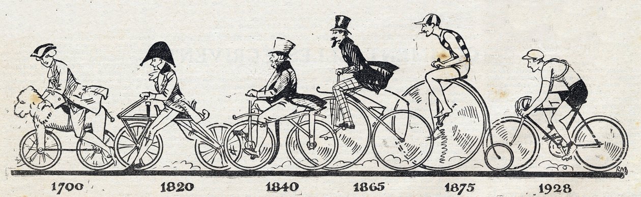 Historia de la bicicleta: diferentes modelos de bicicletas desde 1700 hasta 1928. Grabado en "El Pequeño Diario Ilustre". de Anonymous Anonymous