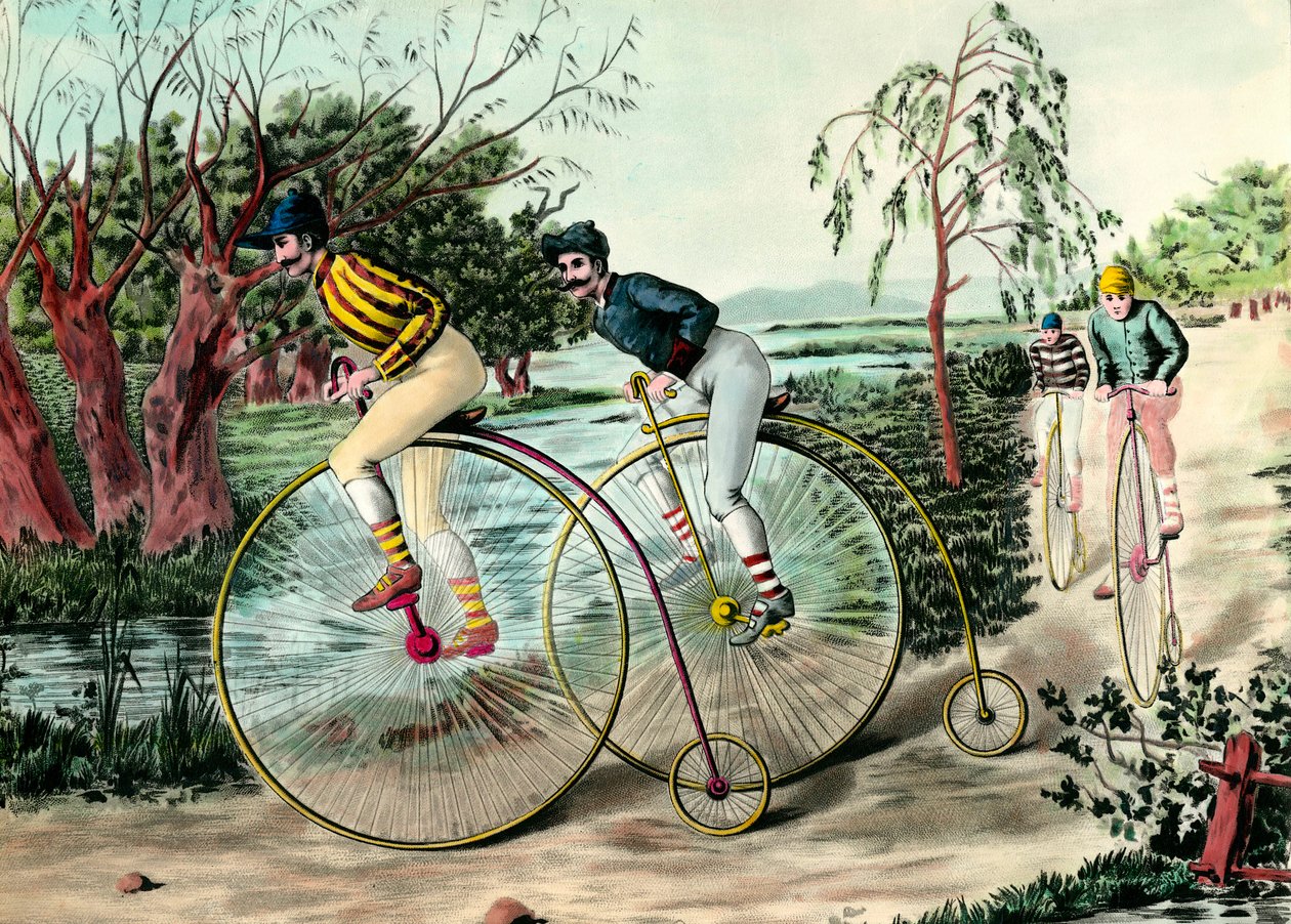 Historia de la bicicleta: carrera de gran bi (gran bi). Grabado del siglo XX. Colección privada de Anonymous Anonymous
