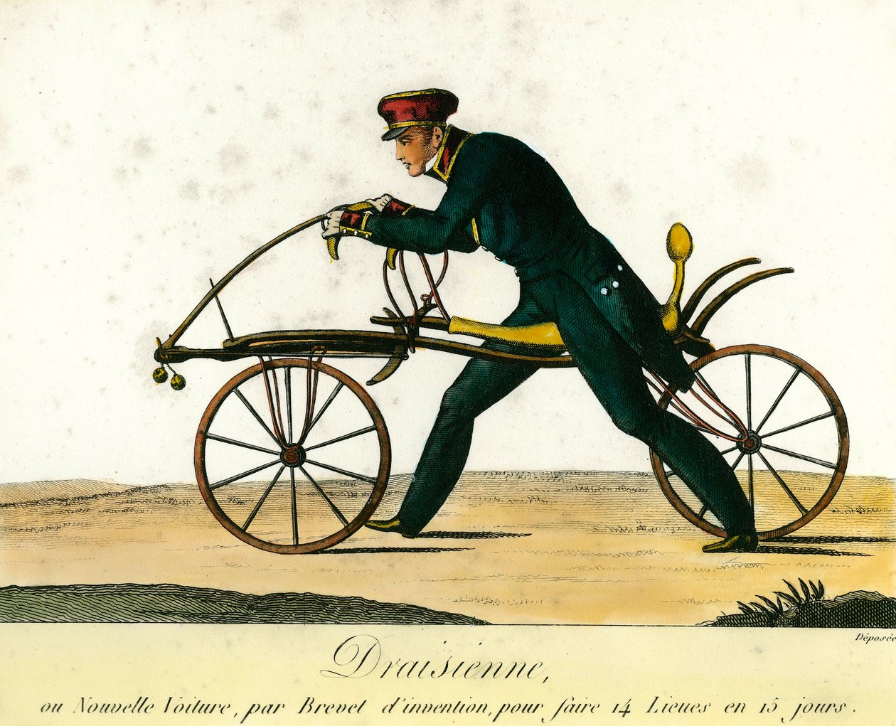 Historia de la bicicleta: la draisiana, un coche muy popular alrededor de 1818. Grabado de 1818. Colección privada de Anonymous Anonymous