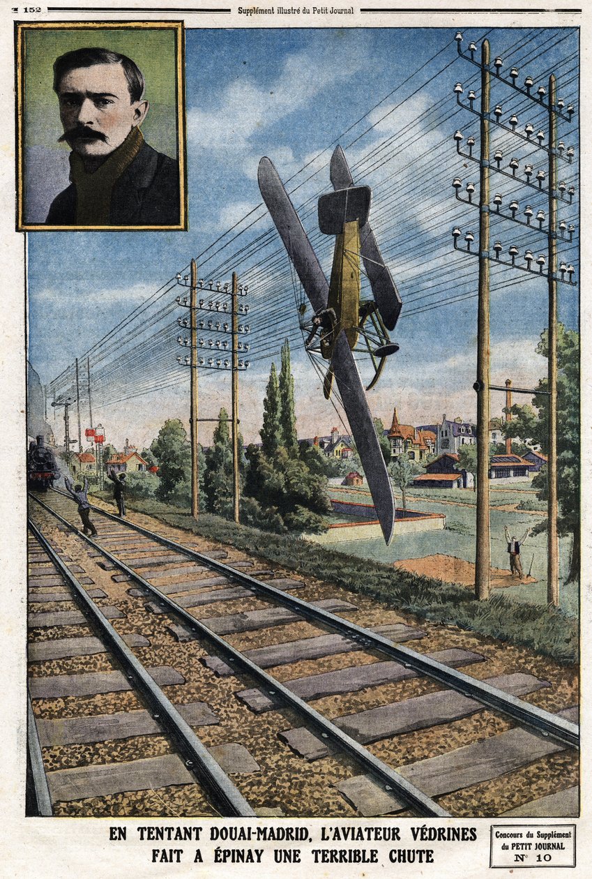 En tentador Douai - Madrid, el aviador Jules Vedrines (1881-1919) hizo una terrible caída en Epinay. Grabado en 