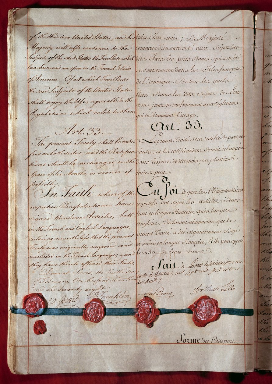 Independencia de los Estados Unidos: comercio de amistad y comercio entre Francia y Estados Unidos (representado por Benjamin Franklin) data de febrero de 1778 en ambos idiomas. 1778 París, Ministerio de Asuntos Exteriores de Anonymous Anonymous