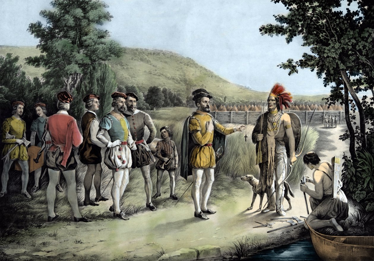 Jacques Cartier, su primera entrevista con los indios en Hochelaga ahora Montreal en 1535 (litografía) de Anonymous Anonymous