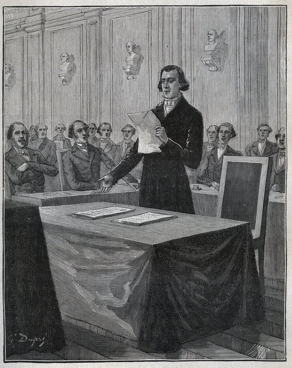 Jean Baptiste André Dumas (1800-1884) químico francés presenta a la Academia de Ciencias su informe sobre la invención de Ruolz y Elkington. Grabado de 1885 en "Les arts et metiers illustres" por Adolphe BITARD de Anonymous Anonymous