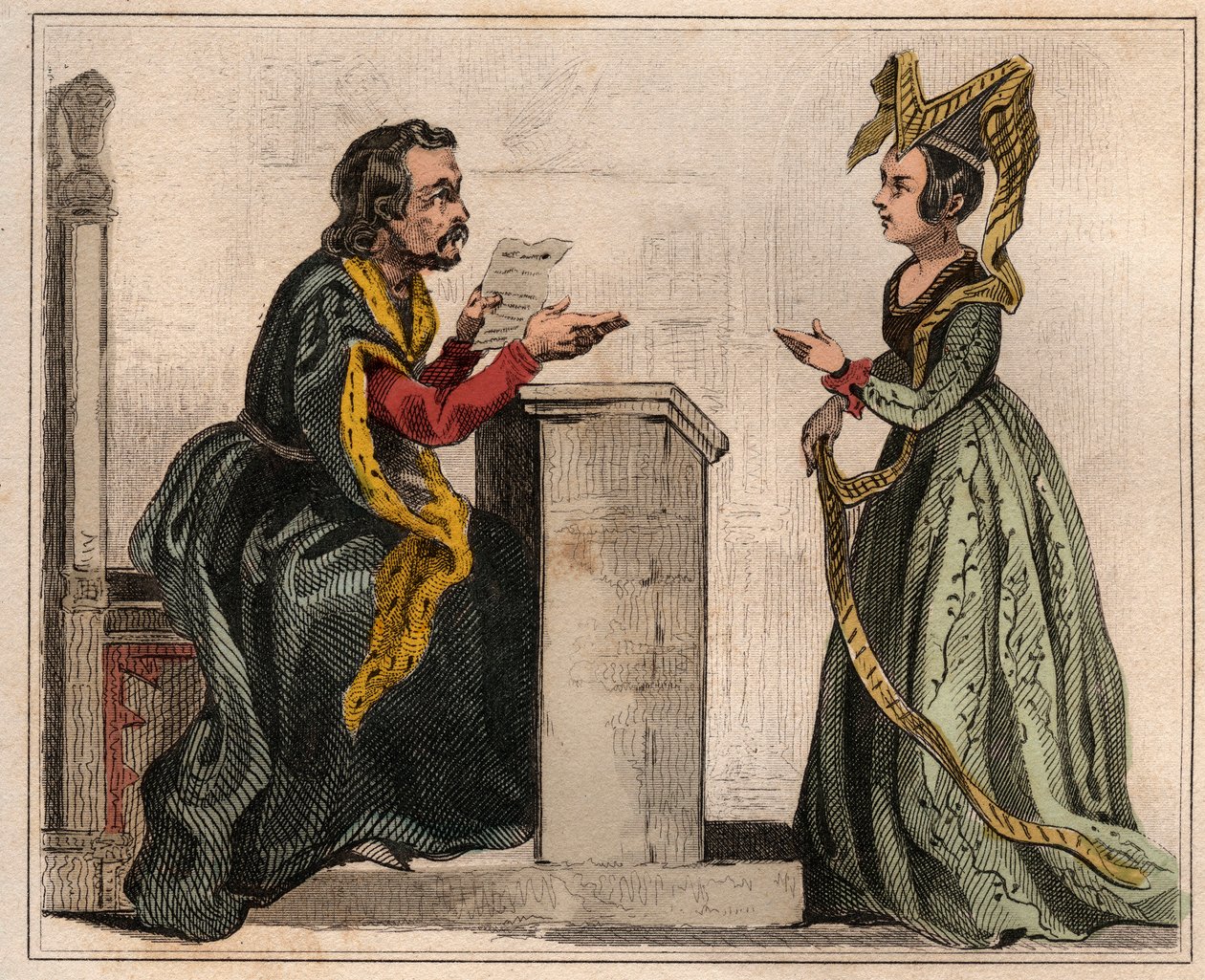 Jehan Pastoret (1328-1405), Presidente del Parlamento de París bajo el reinado de Carlos V con una mujer noble, usando un liripion. Grabado de 1859 en “Le Monde. Historia de todos los pueblos desde los tiempos más remotos hasta el presente” por M. E. de Lo de Anonymous Anonymous