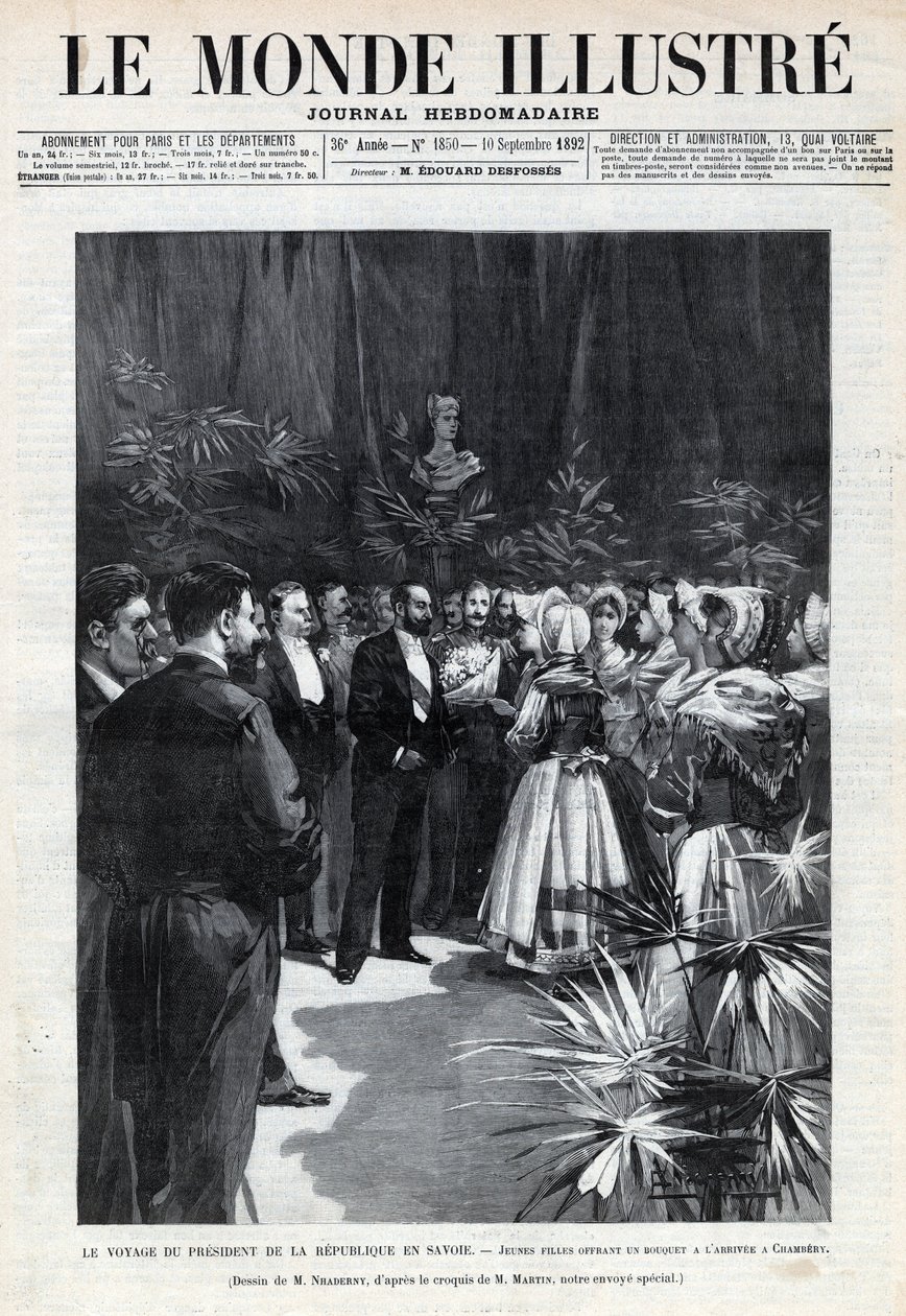 Viaje de Sadi Carnot (1837-1894) a Saboya: el Presidente de la República es recibido en Chambery por niñas que le ofrecen un ramo de flores. Grabado en 