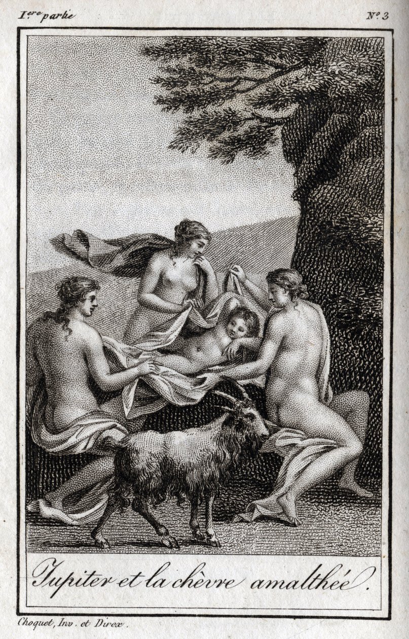 Júpiter niño alimentado por la cabra Amaltea. Grabado de 1819 en “Lettres a Emilie sur la mythologie” de Charles Albert Demoustier (1760-1801). Colección privada. de Anonymous Anonymous