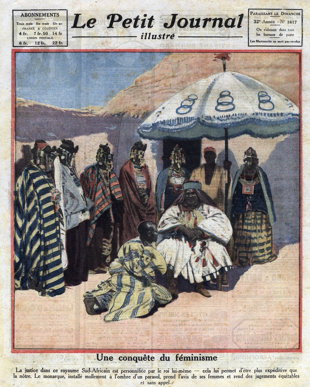 Aplicación de la justicia y feminismo en países africanos negros: un rey sudafricano consulta con sus mujeres antes de dictar sentencia. Ilustración tomada de “Le petit journal” del 18/12/1921. Colección privada de Anonymous Anonymous