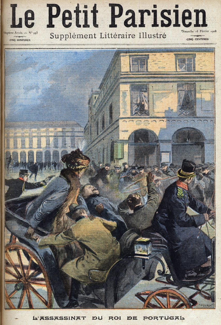 El rey Carlos I de Portugal (1863-1908) y el príncipe heredero Luis Filipe fueron asesinados en Lisboa por los republicanos el 1 de febrero de 1908. En "Le petit parisien" el 16/02/1908. Colección privada. de Anonymous Anonymous