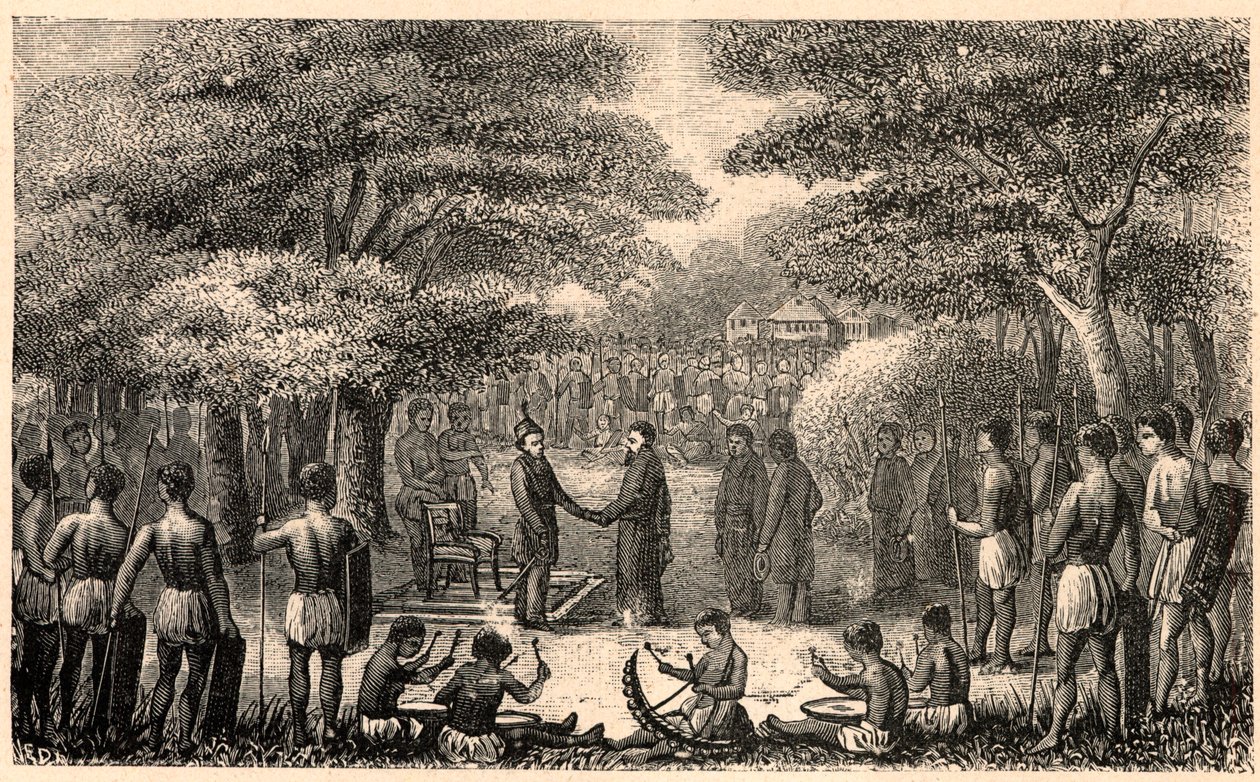 El rey Lebuschi recibe a Henri Depelchin (1822-1900), misionero jesuita y primer superior de la misión del Alto Zambeze en África. Grabado en “Les Missions Catholiques au XIXeme Siecle” de Louis-Eugene Louvet. Colección privada. de Anonymous Anonymous