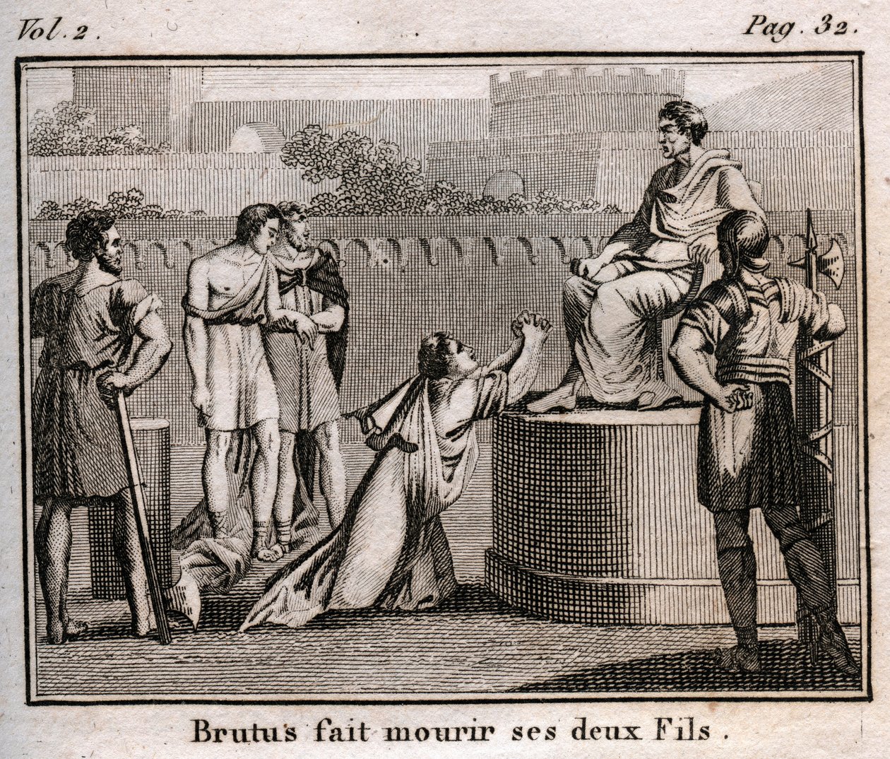 LUCIUS JUNIUS BRUTUS condena a muerte a sus propios hijos por conspirar para restaurar a los Tarquinos, los reyes expulsados de Roma, 509 a.C. - Grabado de 