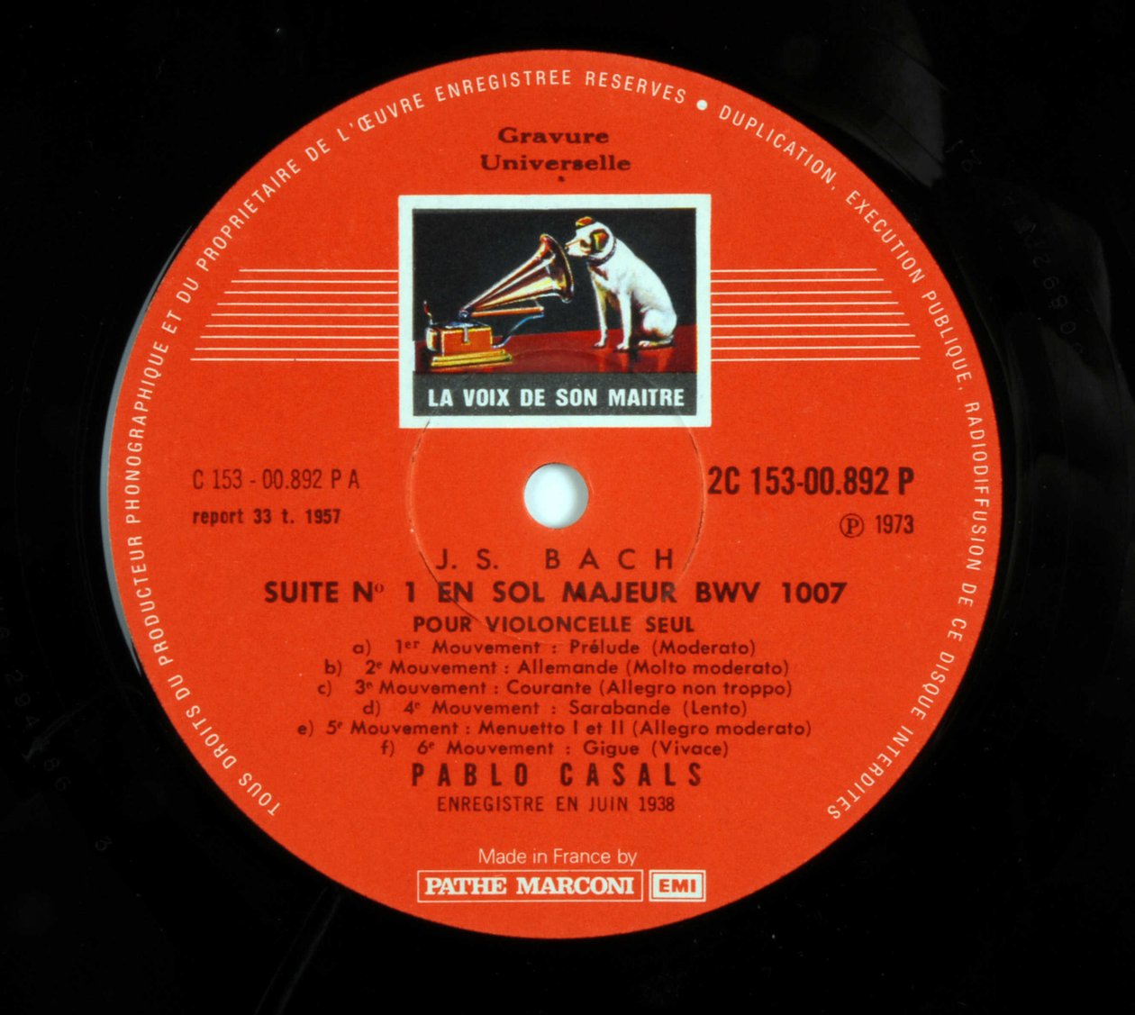Etiqueta del disco de 33 revoluciones (disco de vinilo) de la marca “EMI la voz de su amo” por Pablo Casals interpretando las 6 suites para violonchelo de Johann Sebastian Bach de Anonymous Anonymous