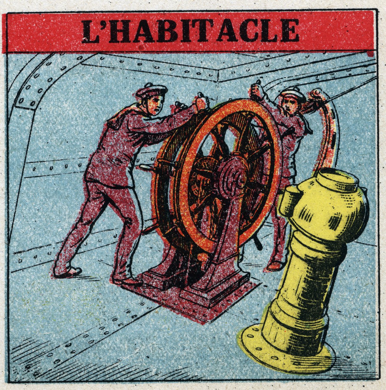 Magnetismo terrestre: dos marineros maniobrando el timón de un barco mirando la cabina, una caja de cobre en la que se encuentra una brújula. Ilustración anónima de 1925. Colección privada. de Anonymous Anonymous