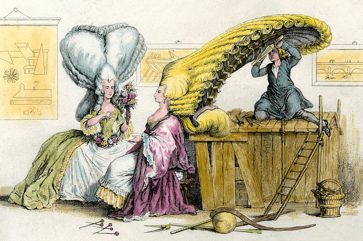 Grandes peinados excéntricos: jóvenes de la nobleza peinadas con una peluca. Grabado de 1788. Colección privada de Anonymous Anonymous