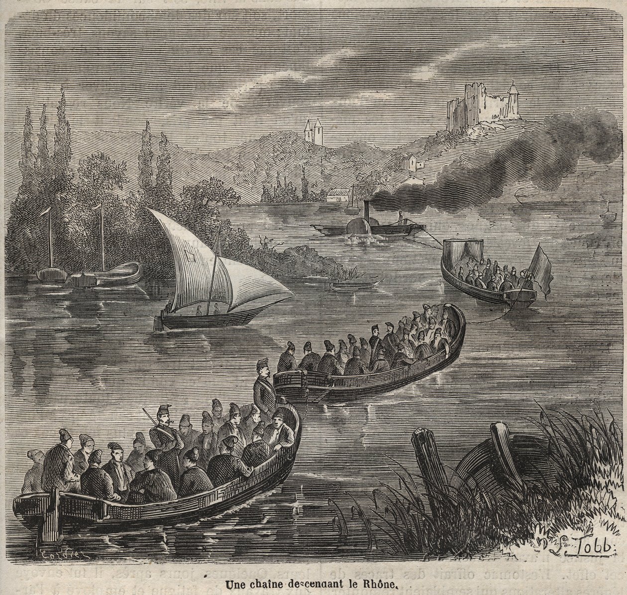 El bagne de Toulon - una cadena descendiendo el Ródano - Grabado en “Histoire des bagnes depuis leur création à nos jours” (1877) por Pierre Zaccone (1817-1895) de Anonymous Anonymous