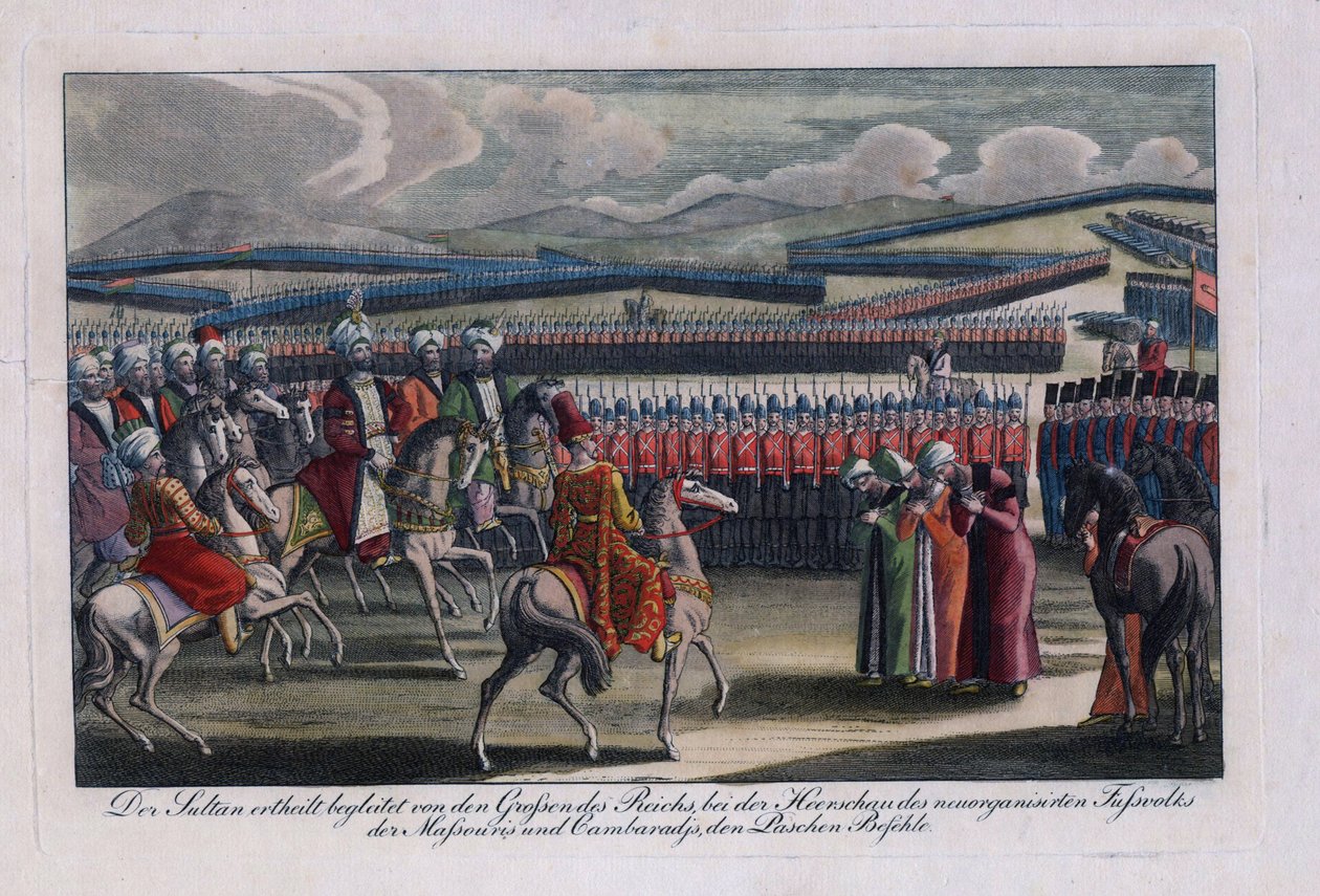 ""El sultán otomano Selim III (1761-1808) revisando su nueva infantería"" Grabado anónimo 1806 Colección privada de Anonymous Anonymous