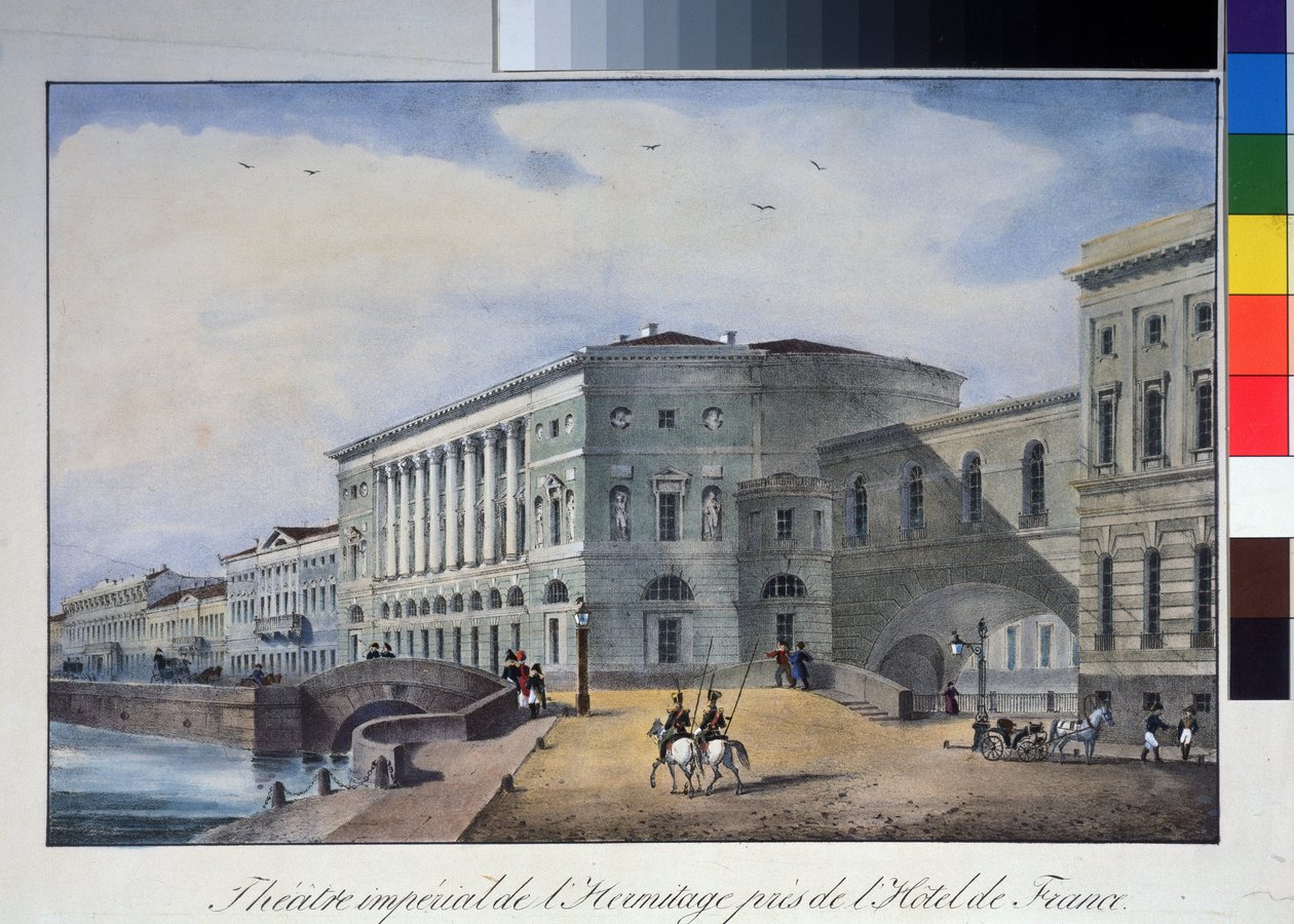 El Teatro Hermitage de San Petersburgo. Litografía anónima, coloreada a la acuarela, hacia 1840. Museo Memorial A. Pushkin, San Petersburgo. de Anonymous Anonymous