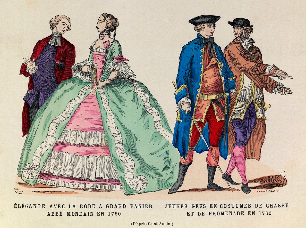 Izquierda: Elegante con un gran vestido de cesta, abate mundano en 1760 / Derecha: Jóvenes en traje de caza y paseo en 1760 (reinado del rey Luis XV) - colección privada de Anonymous Anonymous