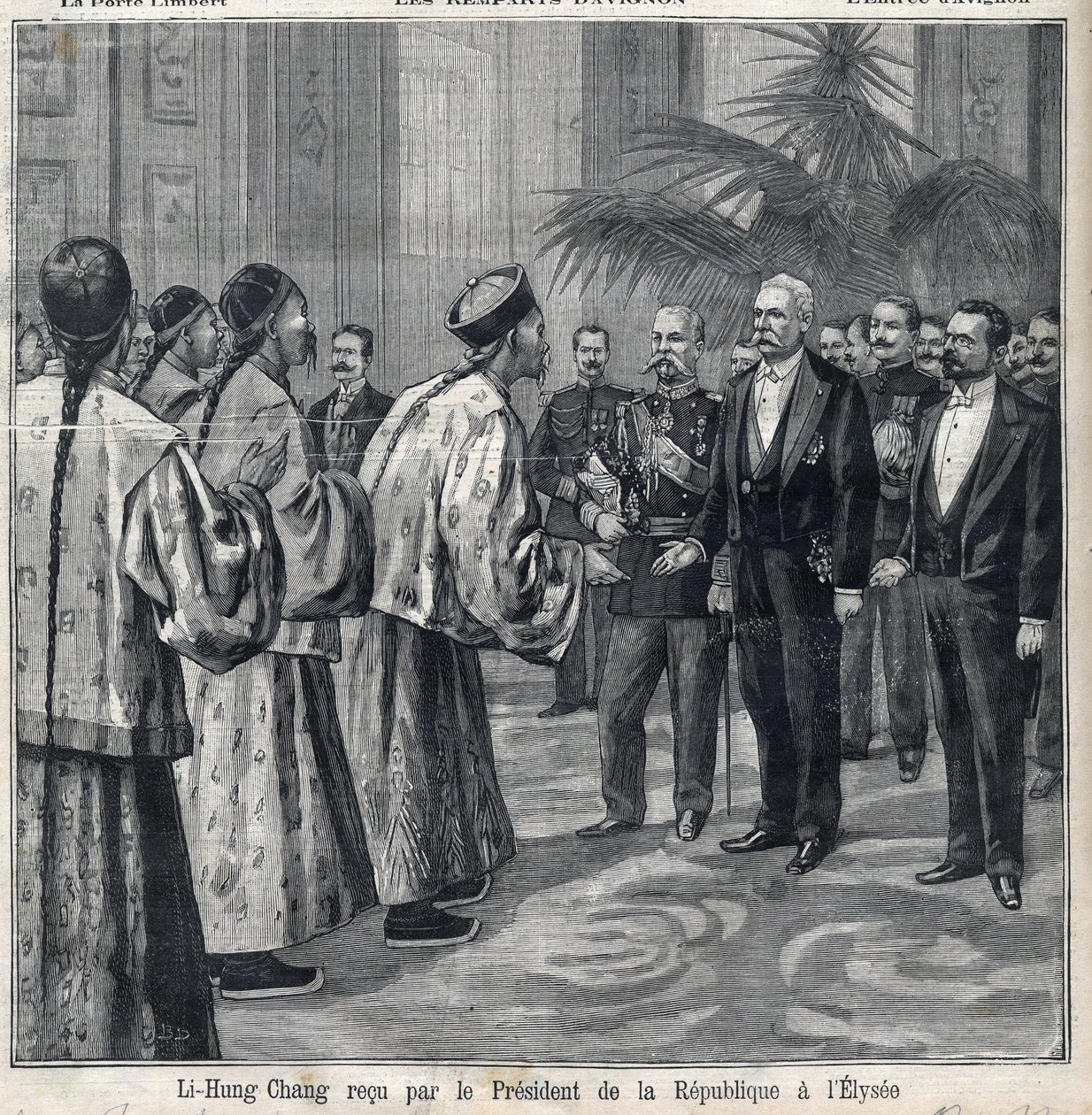 Li Hongzhang recibido por el Presidente de la República Félix Faure (1841-1899) en el Palacio del Elíseo. Grabado en "Le Petite Parisien" de Anonymous Anonymous