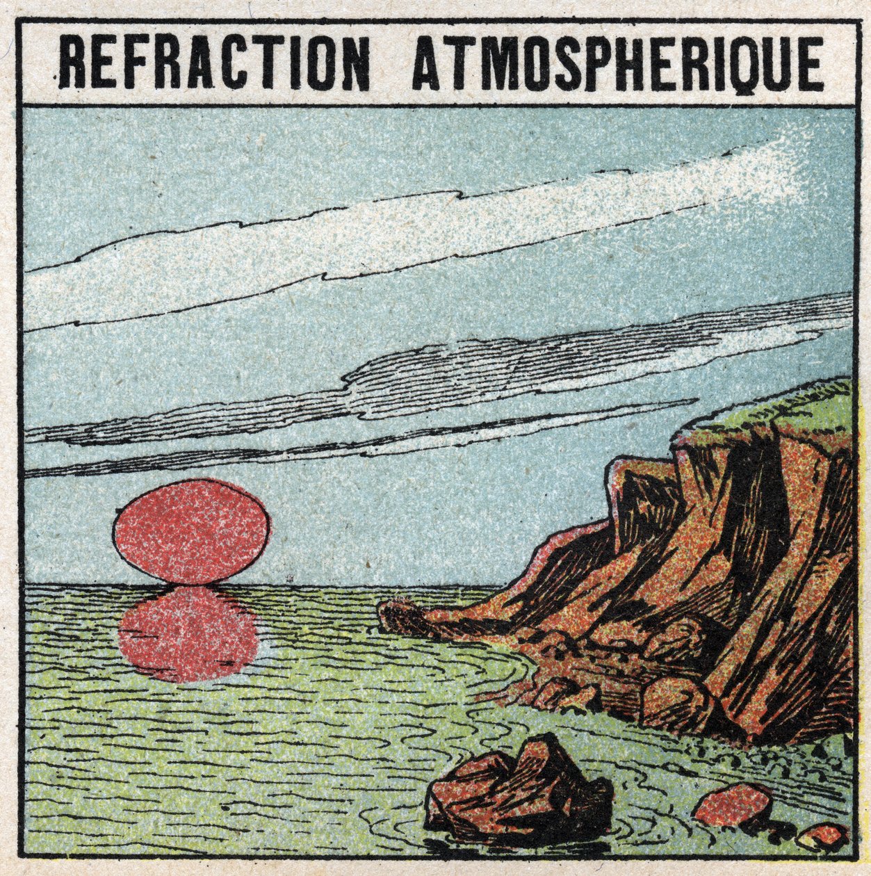 Refracción de la luz: la refracción atmosférica da la ilusión de que el sol es más grande al amanecer o al atardecer que en el cenit. Ilustración anónima de 1925. Colección privada. de Anonymous Anonymous
