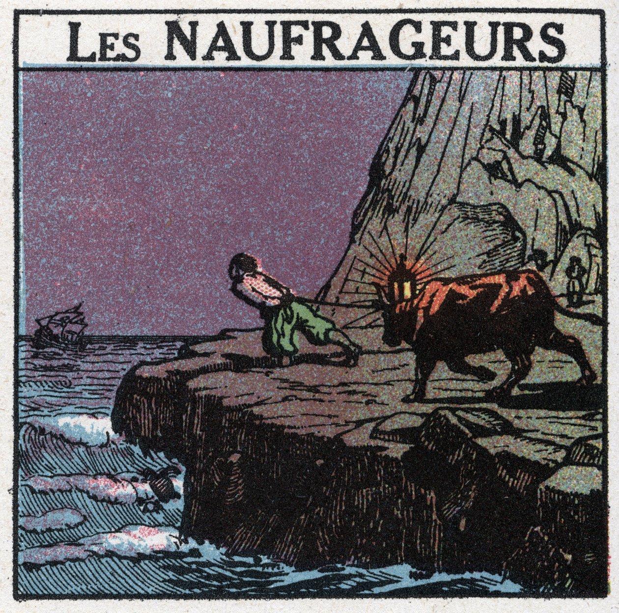 Señales luminosas: los naufragios. Un hombre cuelga una linterna entre los cuernos de una vaca y camina por la costa para hacer creer a los barcos que aún están lejos de las rocas y así provocar su hundimiento para recuperar los restos. Ilustración anónima de Anonymous Anonymous