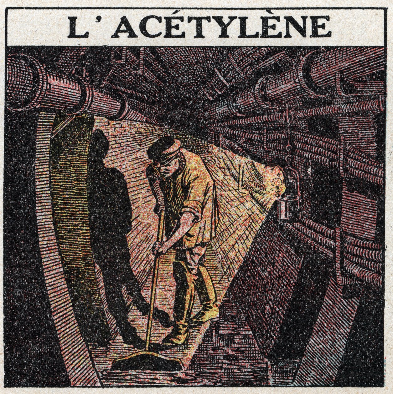 Fuentes de luz: iluminación por acetileno usada en tambores. Ilustración anónima de 1925. Colección privada. de Anonymous Anonymous