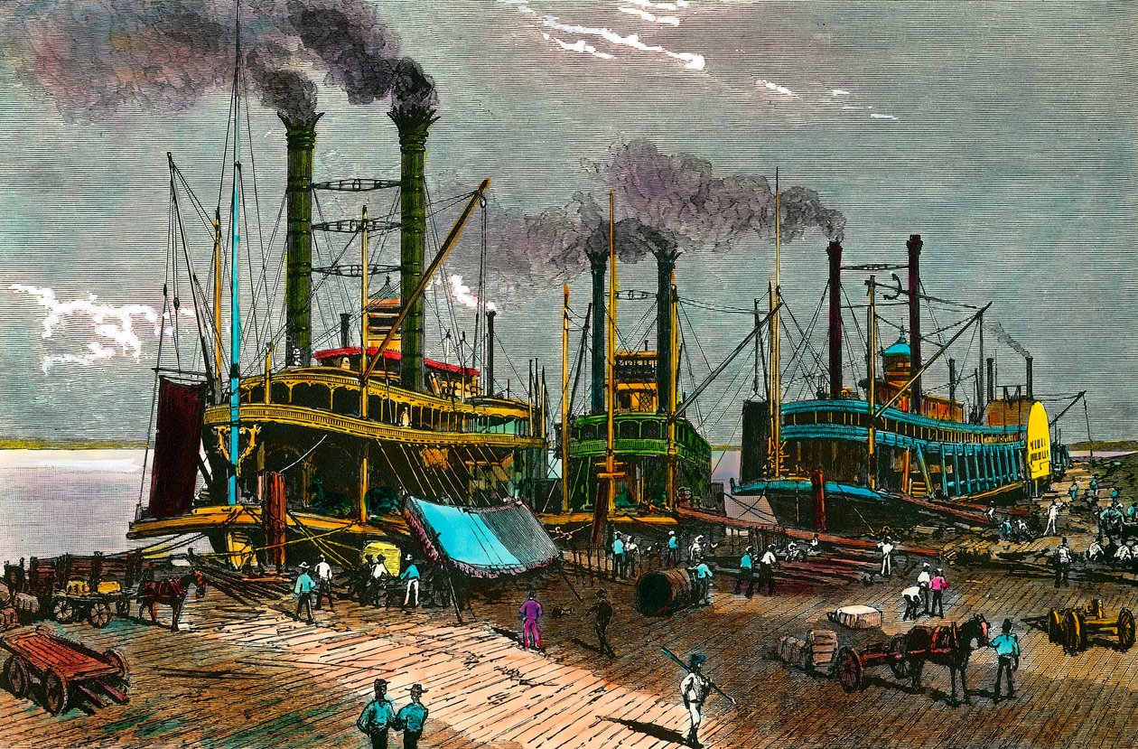 Cargando algodón en barcos de vapor en el Mississippi para Nueva Orleans. Grabado del siglo XIX. Colección privada de Anonymous Anonymous