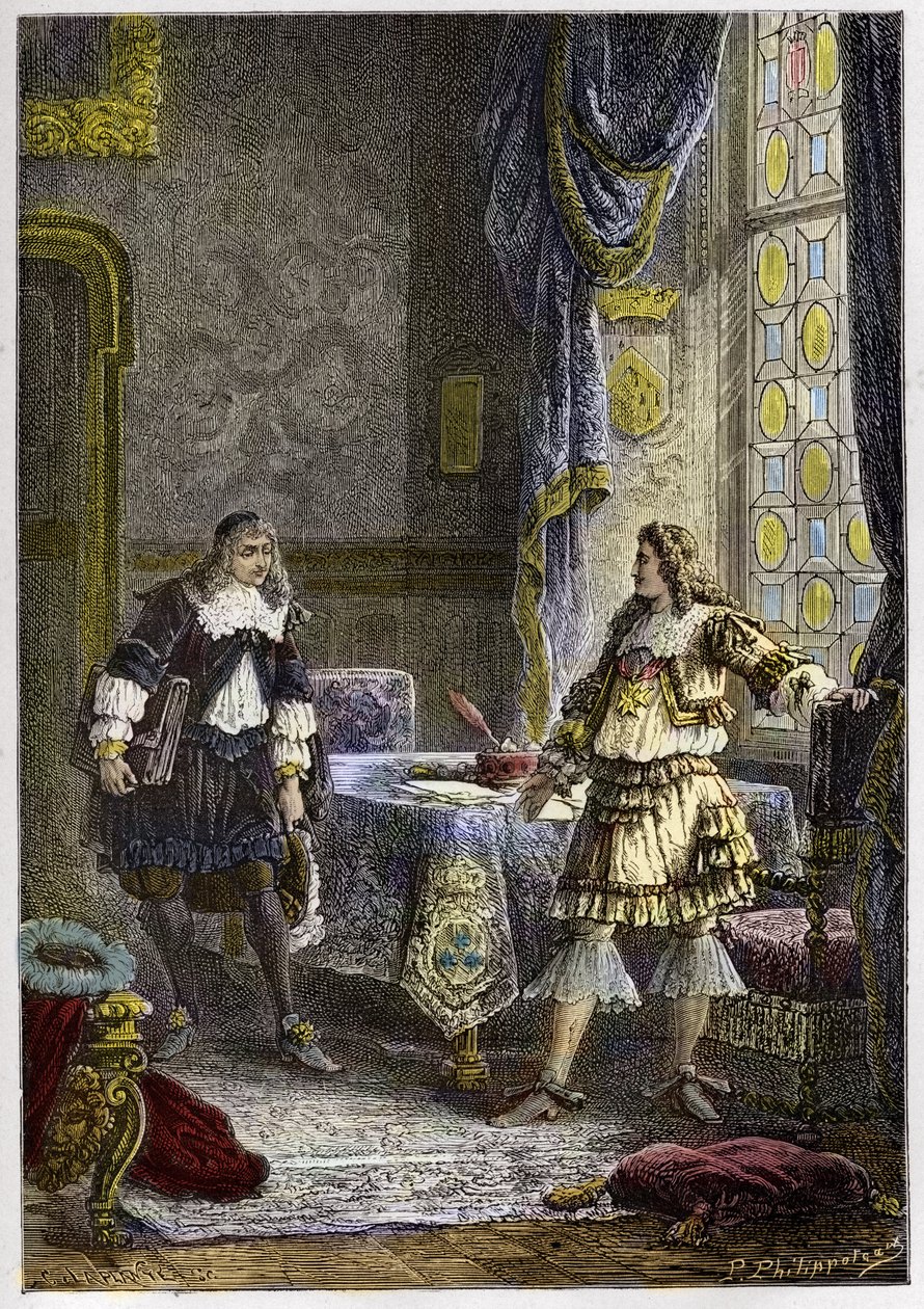 Luis XIV despidiendo al Superintendente de Finanzas, Nicolas Fouquet - grabado de "L