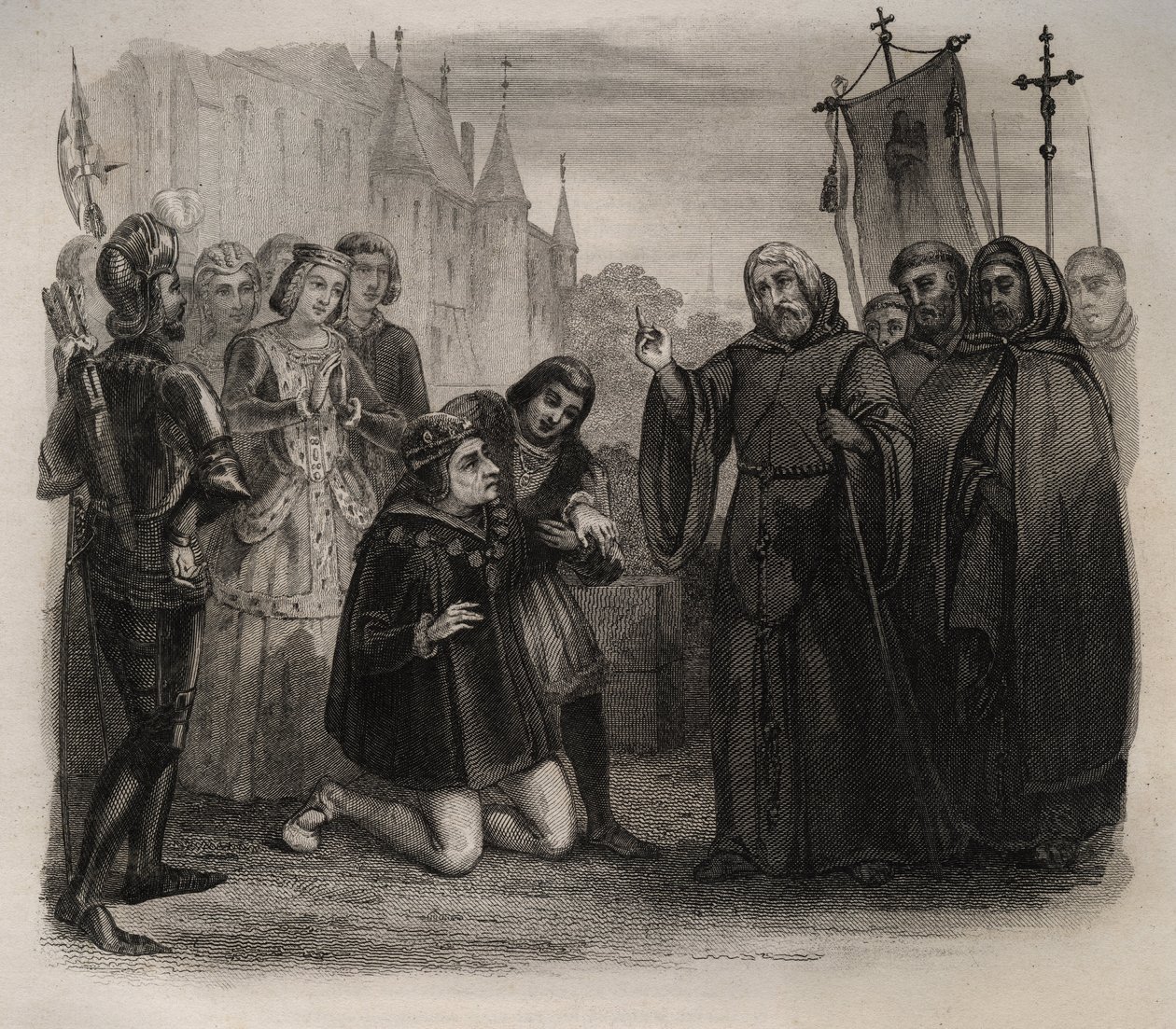 Luis XI (1423-1483) pidiendo su curación a Francisco de Paula (1416-1507) Grabado de 1846 en “Lives of the saints”. Colección privada. de Anonymous Anonymous