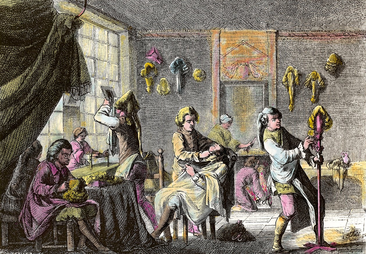 Moda de Luis XV: vista del interior de una peluquería de pelucas. Grabado alrededor de 1755. Colección privada de Anonymous Anonymous