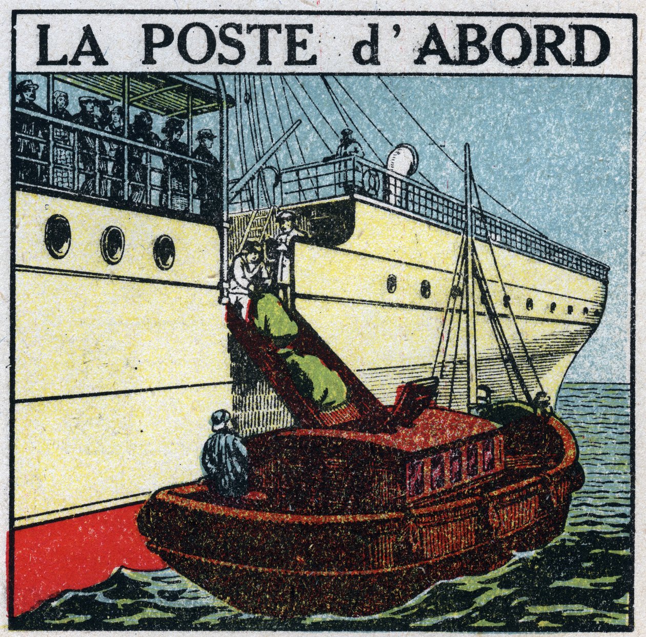 Correo: barco entregando correo a bordo de un transatlántico. Ilustración anónima de 1925. Colección privada. de Anonymous Anonymous
