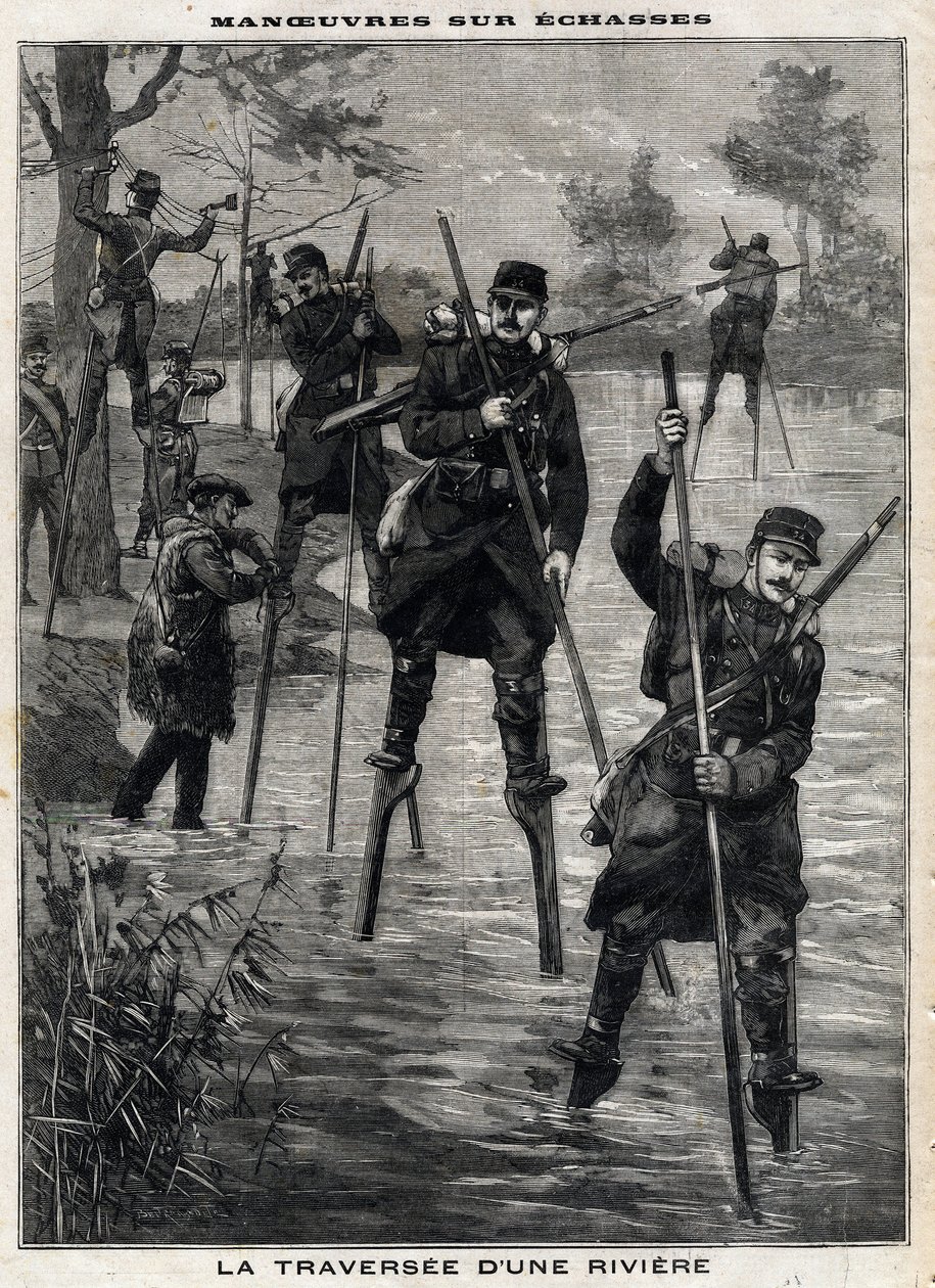 Maniobras en zancos: el cruce de un río por los militares franceses en Mont de Marsan guiados por los zancudos de las Landas para establecer una línea telegráfica. Grabado. En “Le Petro Parisien”, el 17/12/1899. Colección privada. de Anonymous Anonymous
