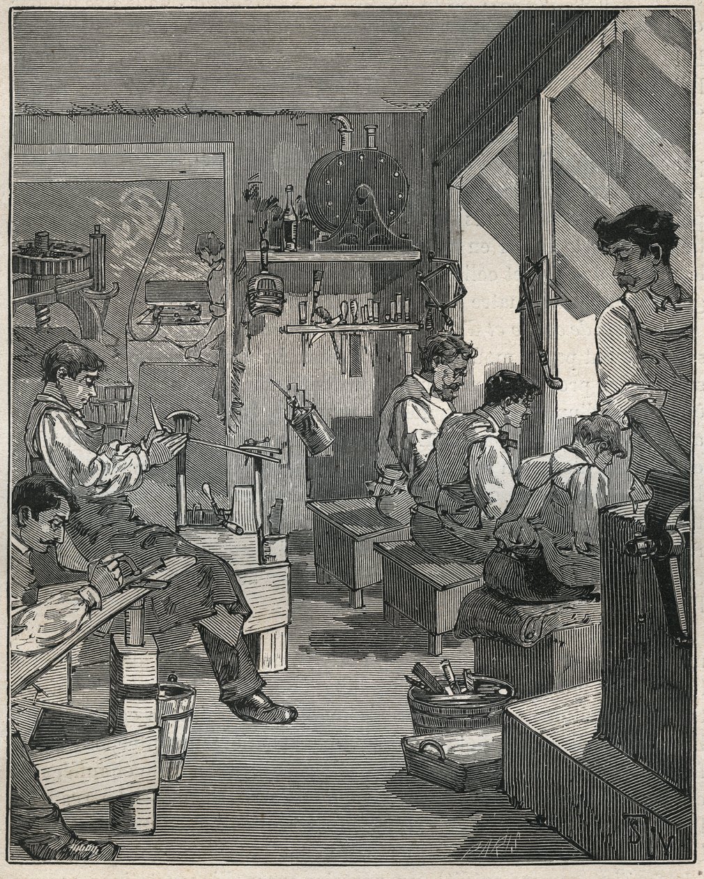 Fabricación de peines en un taller en Francia en el siglo XIX. Grabado de 1885 en 