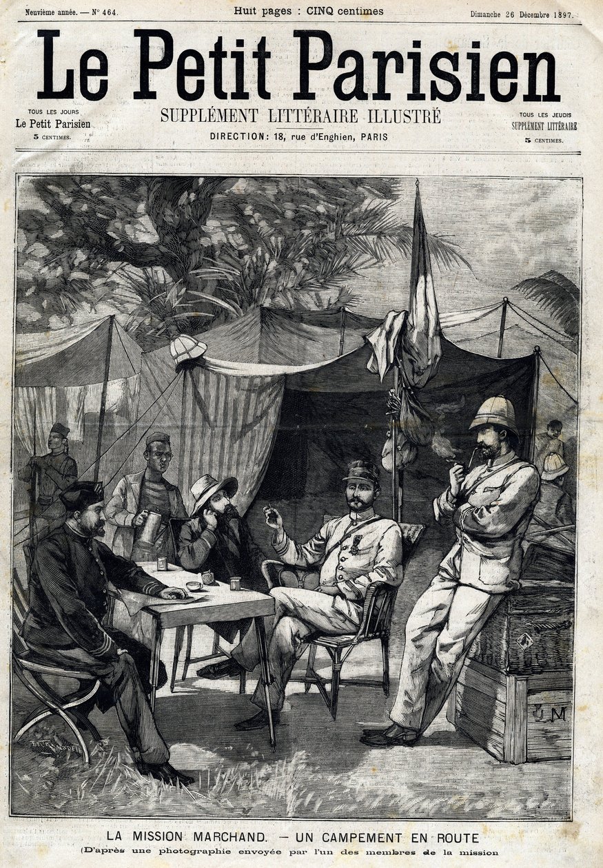 Campamento de la Misión Marchand: Jean-Baptiste Marchand (1863-1934), el Capitán Baratier a su izquierda y el Teniente Victor Emmanuel Largeau (1867-1916) y el Capitán Germain a su derecha. En "Le Peute Parisien" el 26/12/1897. Colección privada de Anonymous Anonymous