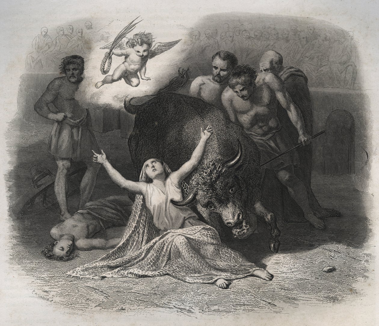 Martirio de Santa Blandina de Lyon y Ponticus en la arena en 177 durante las persecuciones de los primeros cristianos. Grabado de 1846 en “Vidas de los santos”. Colección privada de Anonymous Anonymous
