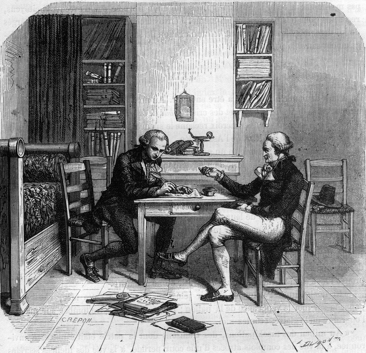 Maximilien de Robespierre 1758-1794, político francés, miembro del Comité de Seguridad Pública con Maurice Duplay en su habitación - Habitación de Maximilien de Robespierre en casa de Maurice Duplay (1736-1820) rue Saint-Honoré en París - Grabado en "Histo de Anonymous Anonymous