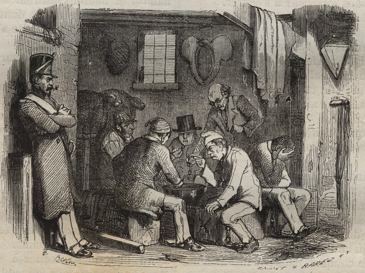 Comida de los forzados en el bagne de Rochefort en el siglo XIX. Grabado en "Histoire des bagnes depuis leur création à nos jours" (1877) por Pierre Zaccone (1817-1895). Colección privada de Anonymous Anonymous
