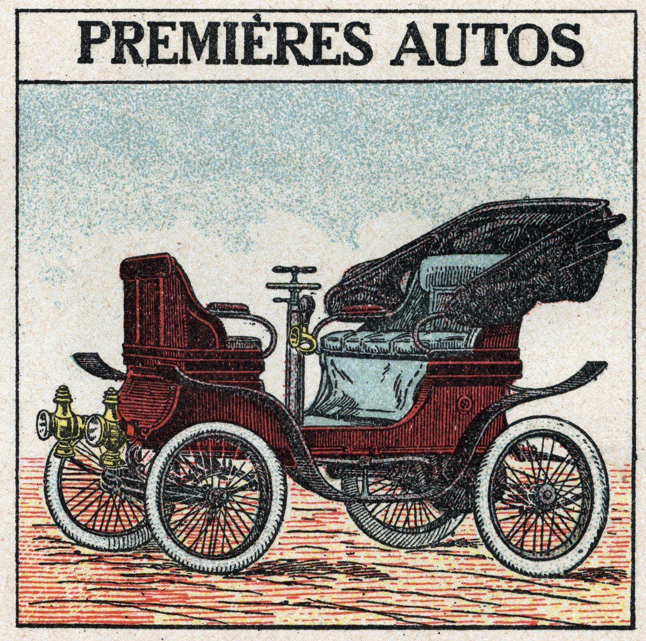 Tracción mecánica: los primeros automóviles de gasolina inventados en 1895 por Panhard y Levassor. Ilustración anónima de 1925. Colección privada. de Anonymous Anonymous