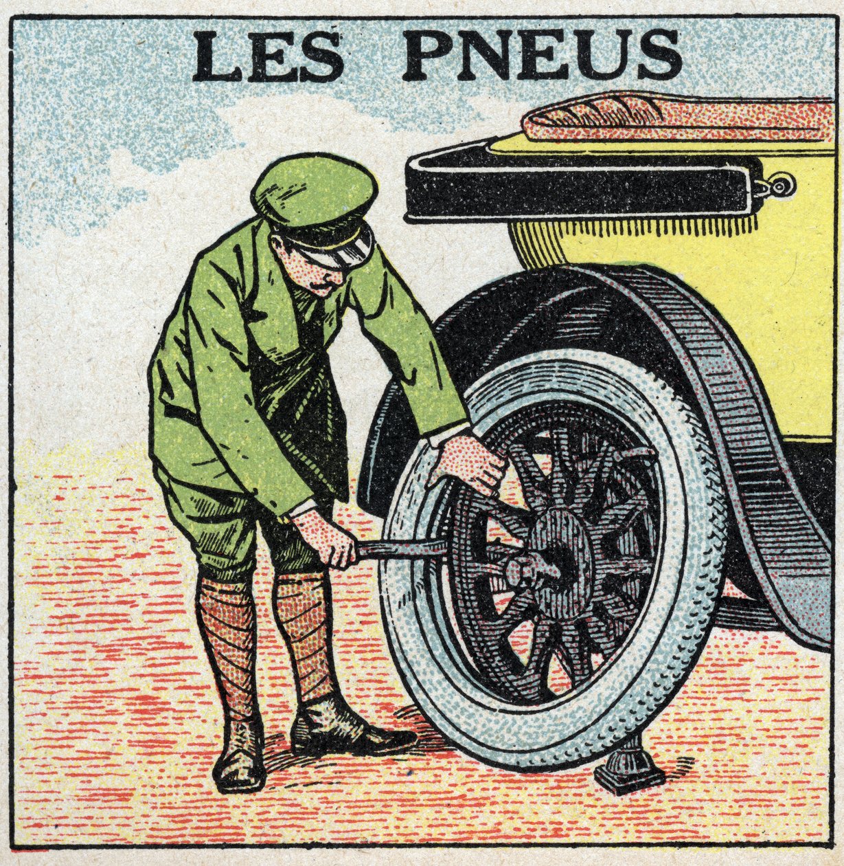 Tracción mecánica: los neumáticos de un automóvil. Ilustración anónima de 1925. Colección privada. de Anonymous Anonymous