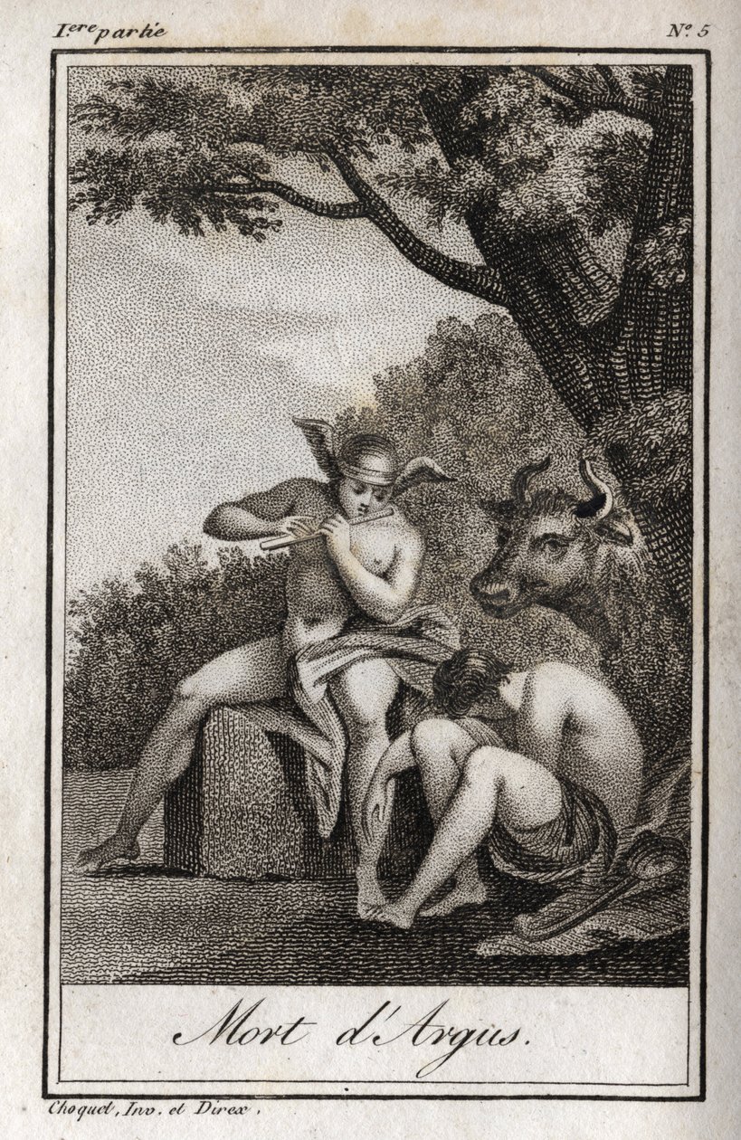 Mercurio y Argos. Muerte de Argos: Mercurio tocó la flauta para dormir a Argos y liberar a la ninfa Io, transformada en vaca. Grabado de 1819 en “Lettres a Emilie sur la mythologie” de Charles Albert Demoustier (1760-1801). de Anonymous Anonymous