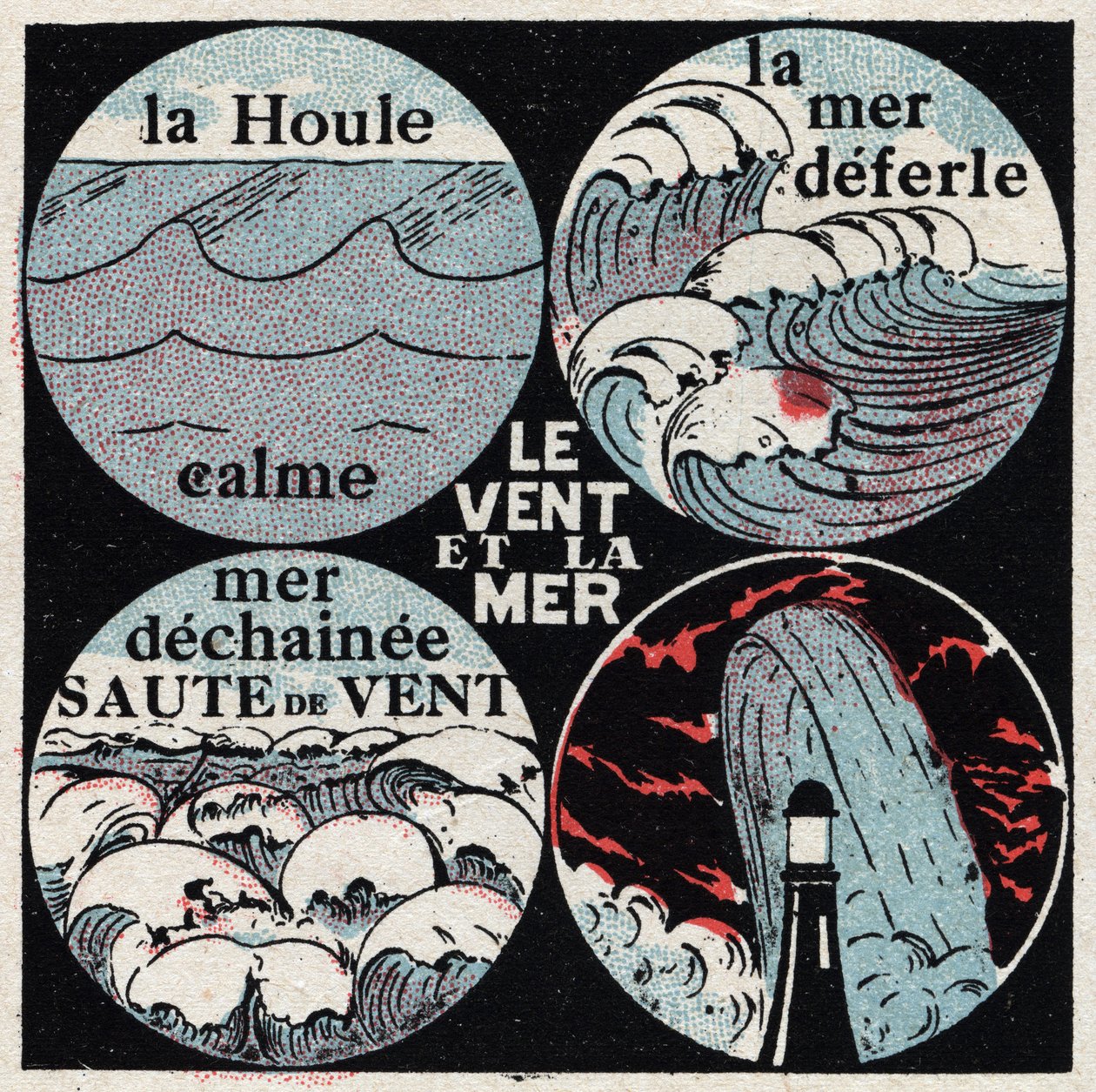 Meteorología: efecto del viento en el mar. La calma, el oleaje, el mar agitado, la ola. Ilustración anónima de 1925. Colección privada. de Anonymous Anonymous