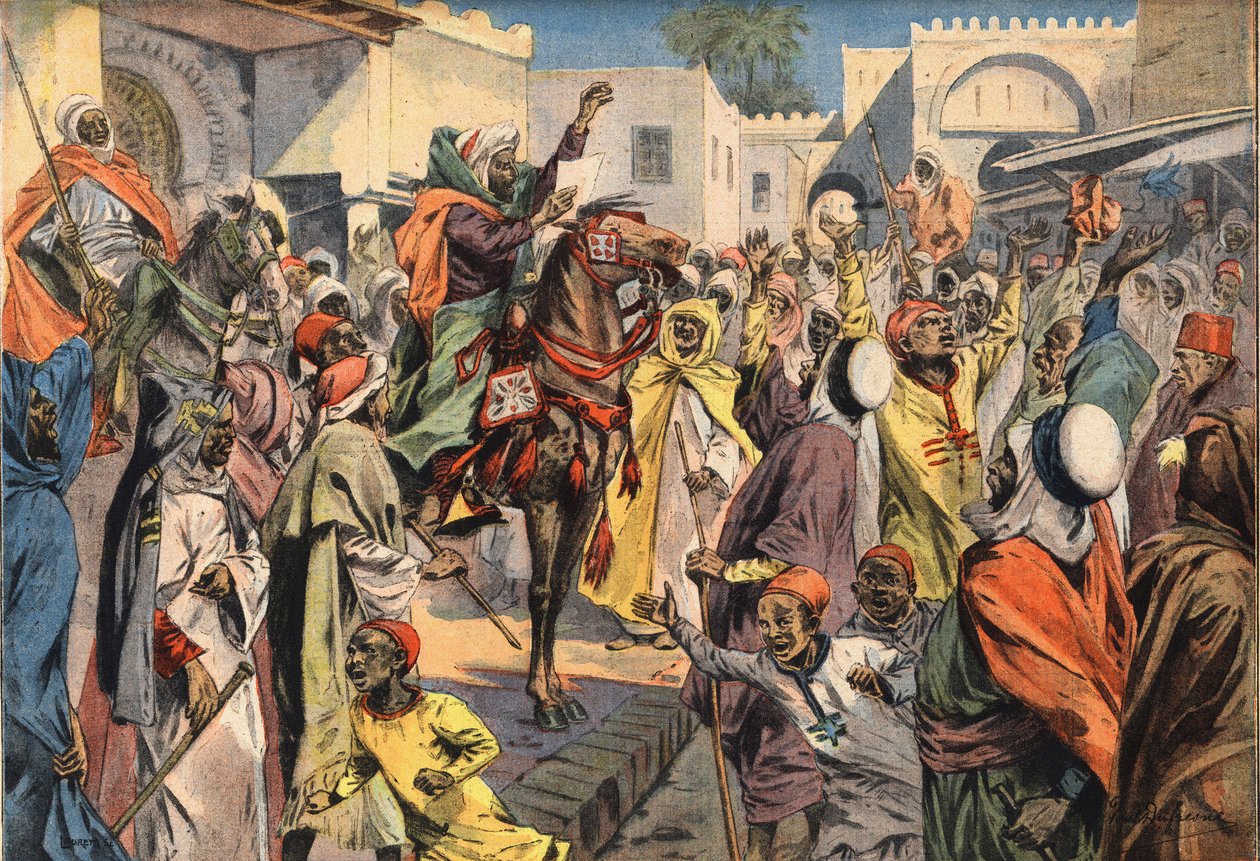Mouley Hafid (Moulay-Hafid) se proclama Sultán en Fez: los pregoneros anuncian la proclamación a la multitud. Grabado del periódico "Le Petite Parisien", 26/01/1908. Colección privada de Anonymous Anonymous