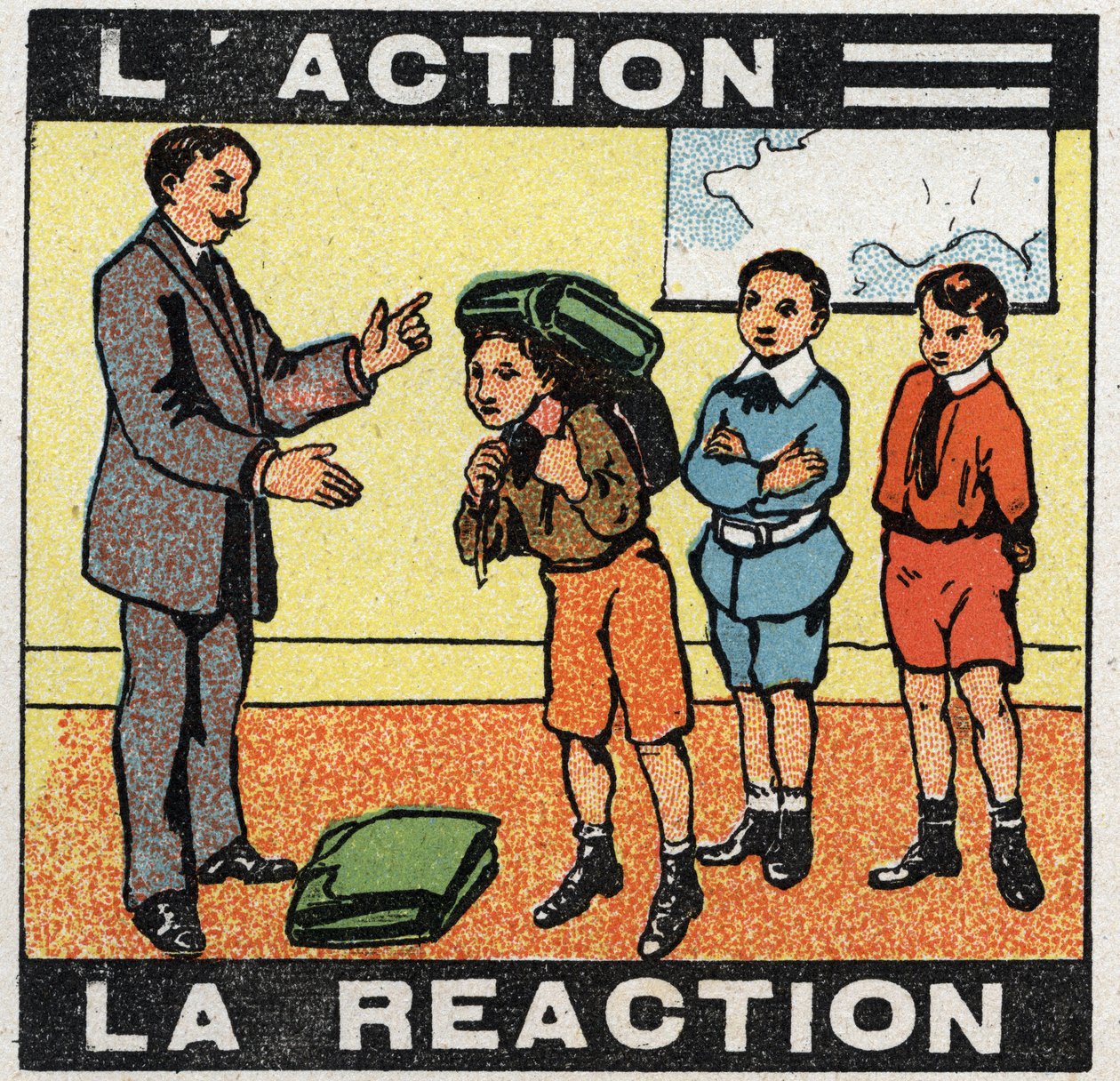 Movimientos: acción, reacción. Un niño con su mochila. Ilustración anónima de 1925. Colección privada. de Anonymous Anonymous