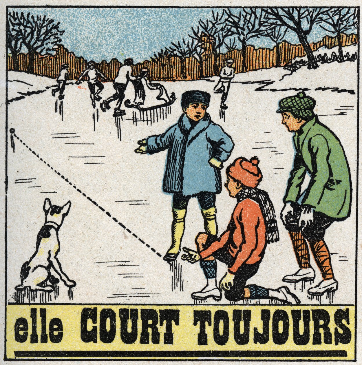 Movimientos: niños jugando a las bolas en el hielo congelado de un estanque en invierno. Ilustración anónima de 1925. Colección privada. de Anonymous Anonymous